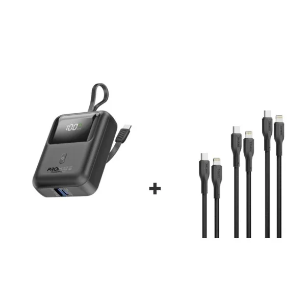 Bundle of Promate 10,000mAh Power Bank with Built-In USB-C Cable, Black with 3Pcs High 27W USB-C to Lightning Cable Kit